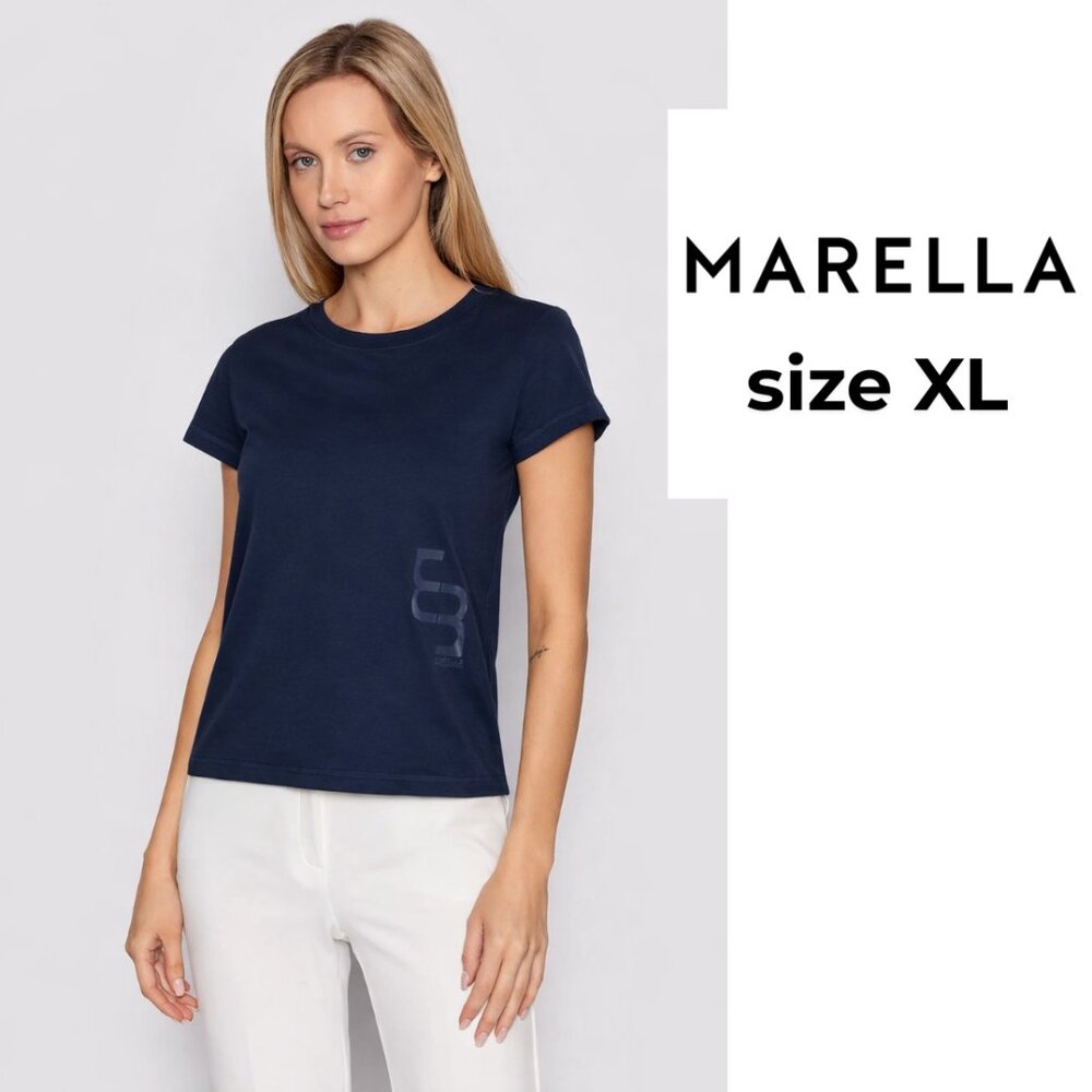 MARELLA Monochrome Navy Short Sleeve Tee with Glossy Logo